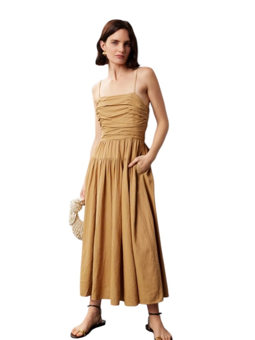 Toccin- Ruched Bodice Tie Midi Dress in Tan Size 4